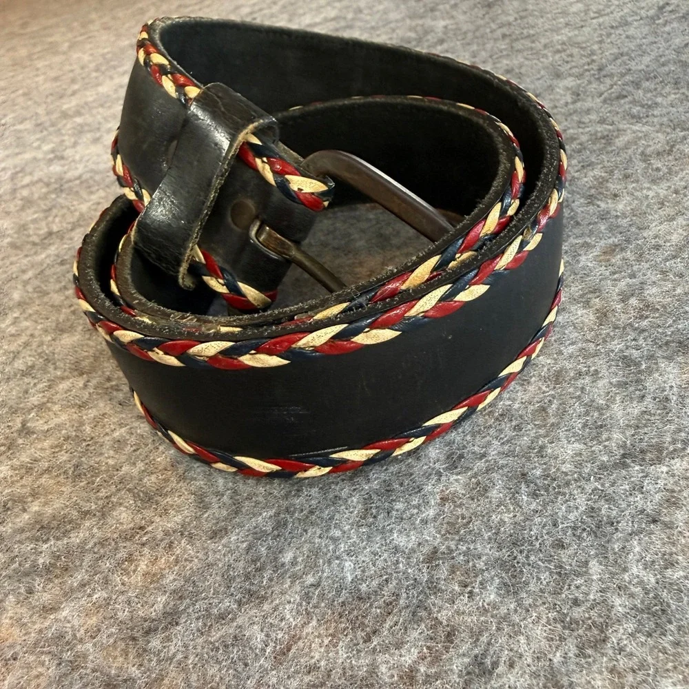 Leather Belt Women 38 Cowhide Leather Black Red White Blue Braided Trim Western